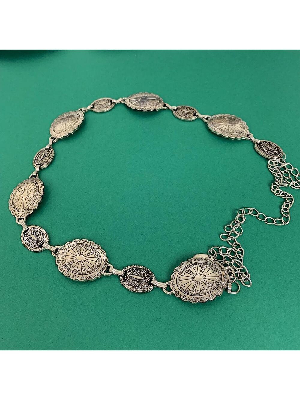 Silver western belt with silver buckle and metal sun and moon charms. Fits most - Picture 5 of 8